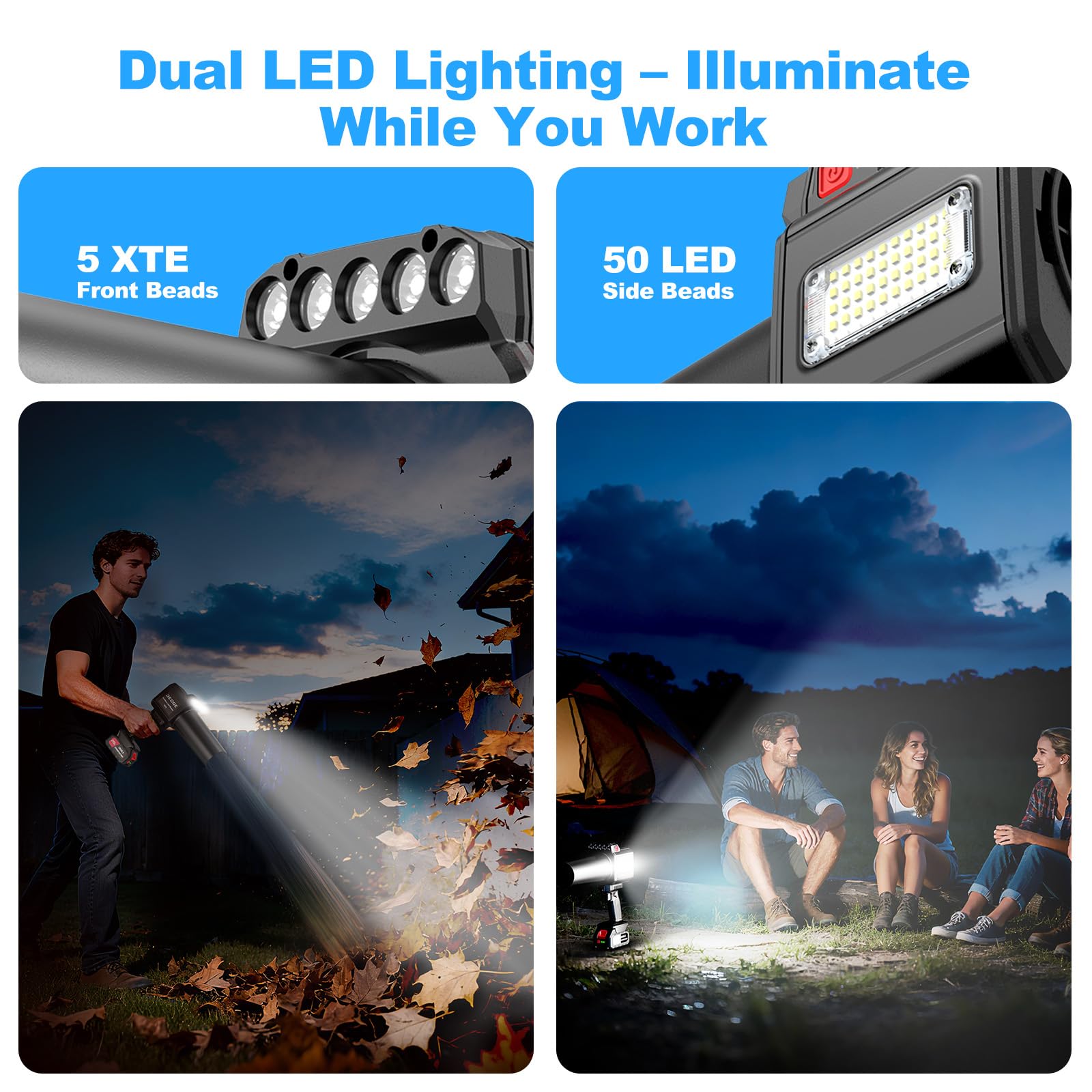 DEGGE Soplador turbo sin escobillas, soplador de hojas inalámbrico con luz de trabajo LED, dos boquillas intercambiables, soplador de hojas de mano para cuidado del césped, limpieza de patio, polvo de