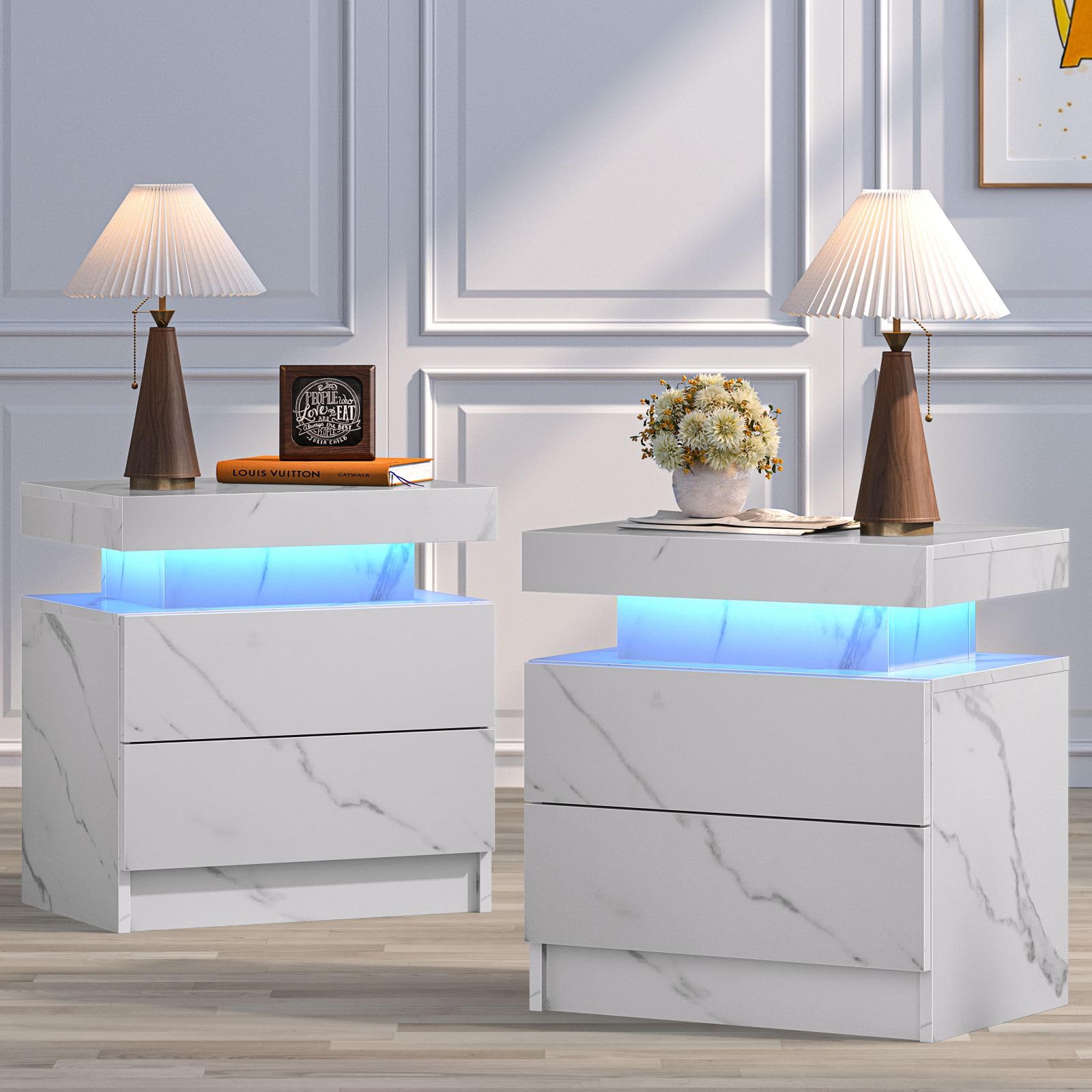 Bingoday Nightstand Set of 2 LED Nightstand with 2 Drawers, Bedside Table with Drawers for Bedroom Furniture, Side Bed Table with LED Light, White Marble