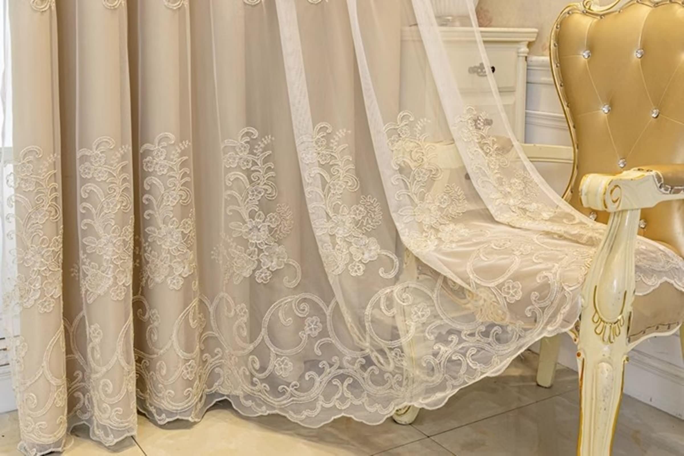 Tende Interno con Ganci, 2 x 102W x 183H CM,Tende da Interno Oscuranti Due Pannelli Doppio Strato con Modello Pizzo Ricamo Tenda Beige Cachi Chiaro Cameretta Bambini