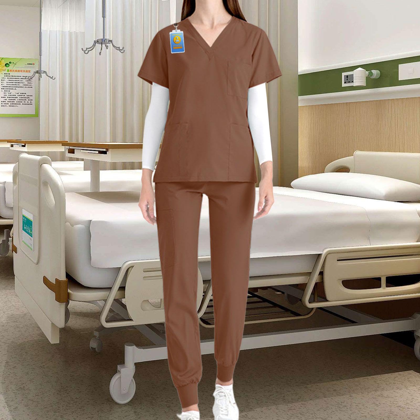 Pflegeuniform Damen Berufsbekleidung Arbeitsanzug Oberteil Hose Polyester Leicht mit Kurzarm Und Hosentaschen für Personal Tierpfleger W, braun, xl