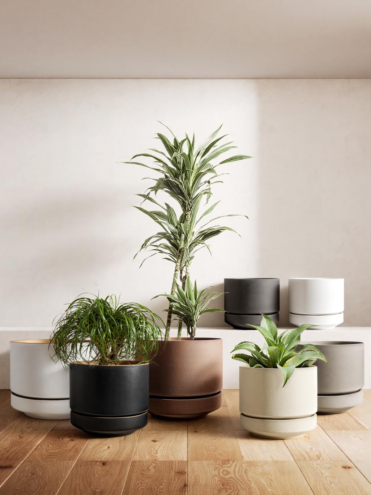 LE TAUCI Ceramiczna Doniczka 35 cm, Donica z Otworem Odpływowym i Podstawką, Nieszkliwiona Porowata Ceramika, do Domu, Patio i na Zewnątrz, Neutralna Szarość