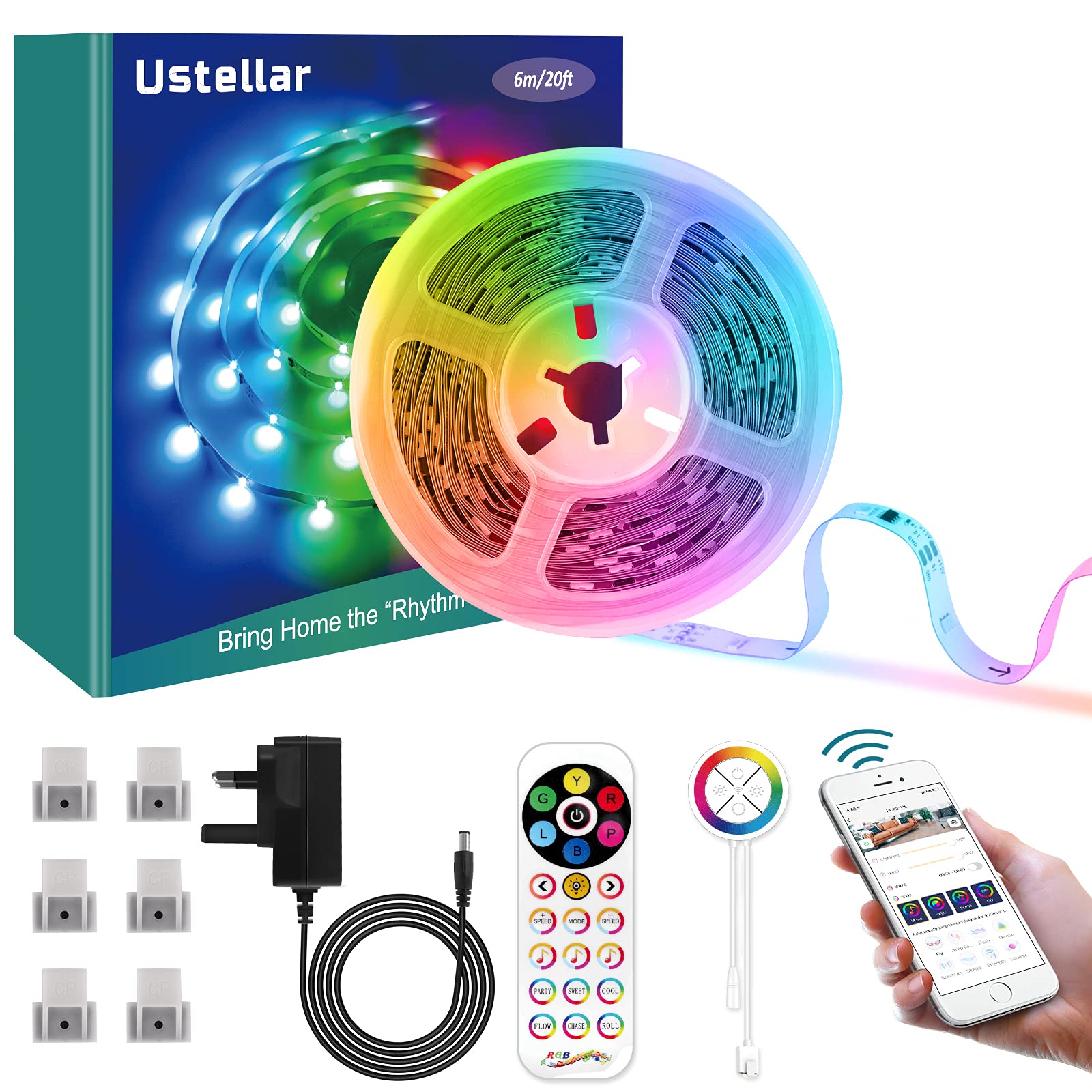 12M (2*6M) Smart Strip Lights LED RGB+IC RF Remote Control, Ustellar WiFi Colour Changing LED Light, APP Control/Voice Control/Sync to Music, Work with Alexa Google Assistant, for Bedroom,Party