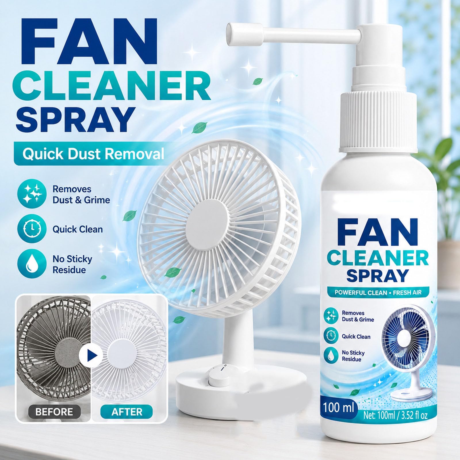 Spray limpiador de ventiladores multiusos (100ml-3pcs+30ml-2pcs) | Limpiador de aspas de ventilador sin enjuague, solución de limpieza sin necesidad de desmontaje con ventiladores de pie