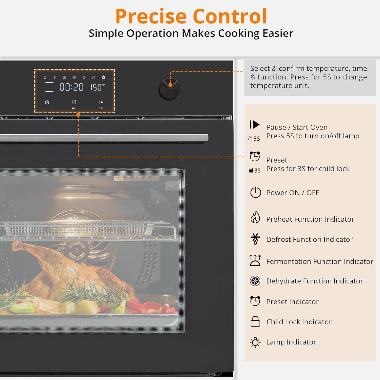 Single Wall Oven 24" Built-in Electric Ovens with 8 Cooking Functions, 3000W, 240V, 2.5Cu.f Convection Wall Oven in Stainless Steel, Touch Control, Timer, Safety Lock, ETL Certified