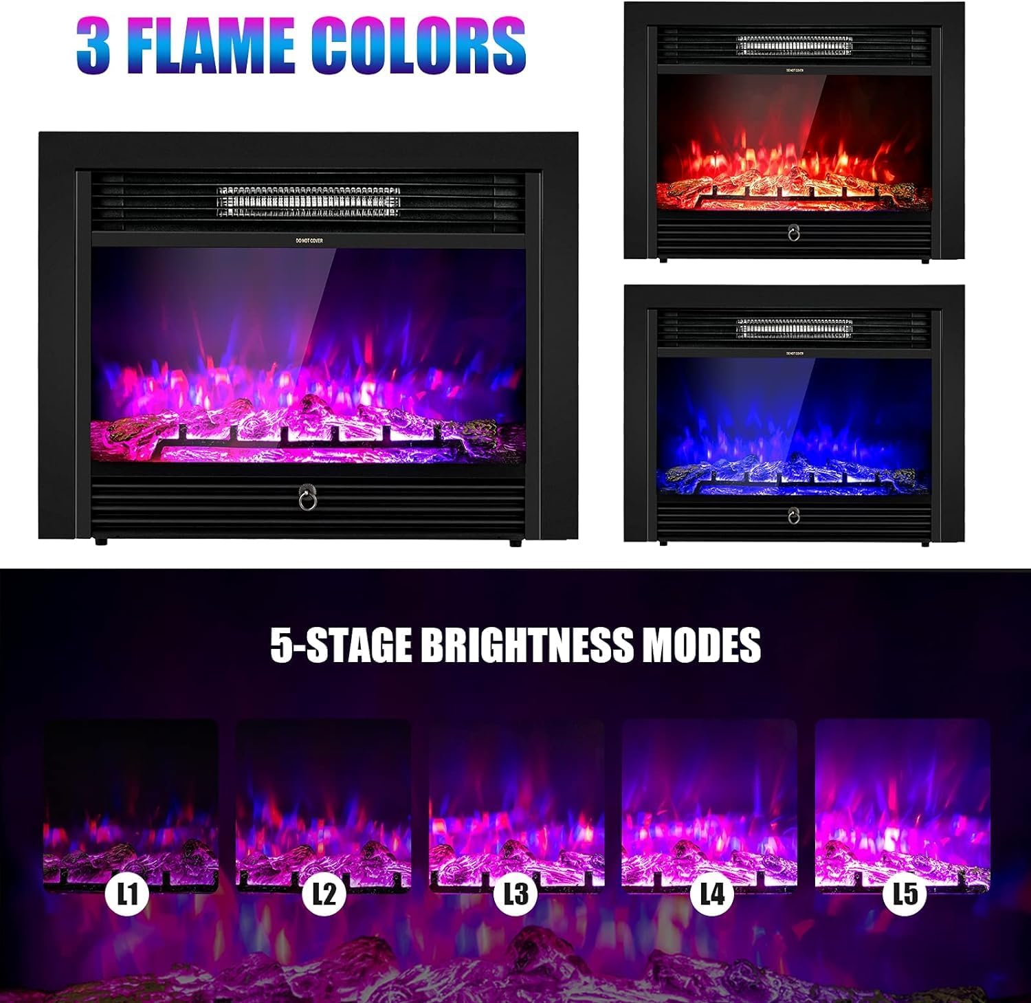 COSTWAY Electric Fireplace Inserts 28.5-inch Wide, 750W/1500W Wall Recessed and Freestanding Fireplace with 3 Flame Colors, 5 Brightness Settings, 8H Timer, Remote Control, Heater for Indoor Use
