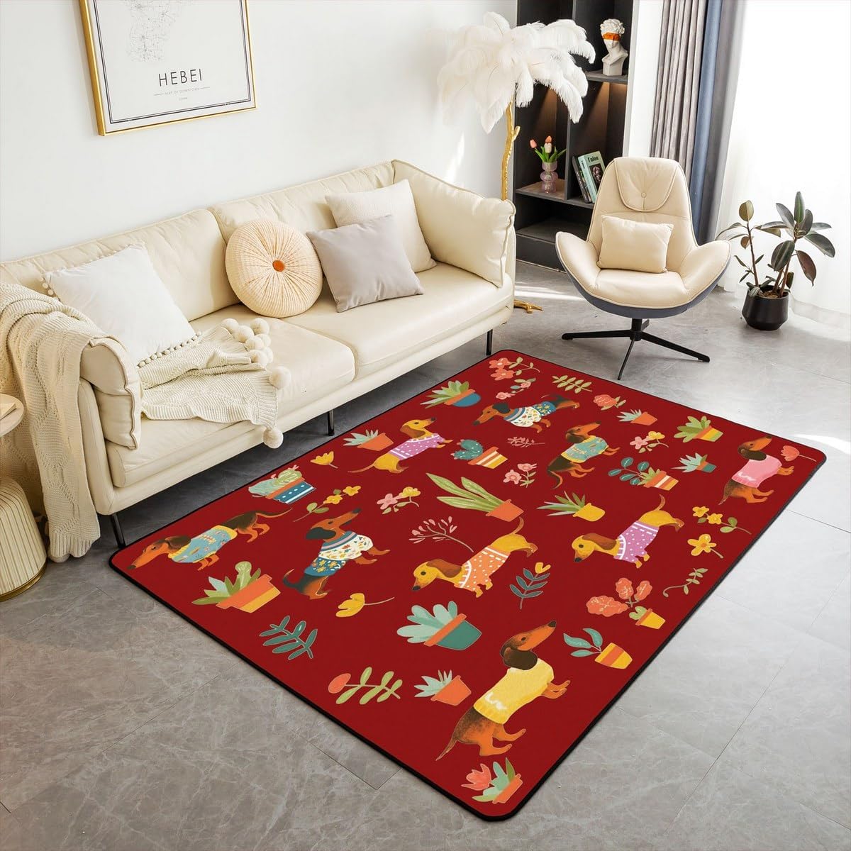 Erosebridal Dachshund Area Rug 3x5,Kids Sausage Dog Indoor Floor Mat for Bedroom Living Room Bedside Classroom,Cute Puppy Pet Carpet,Patchwork Buffalo Plaid Living Room Rugs,Washable
