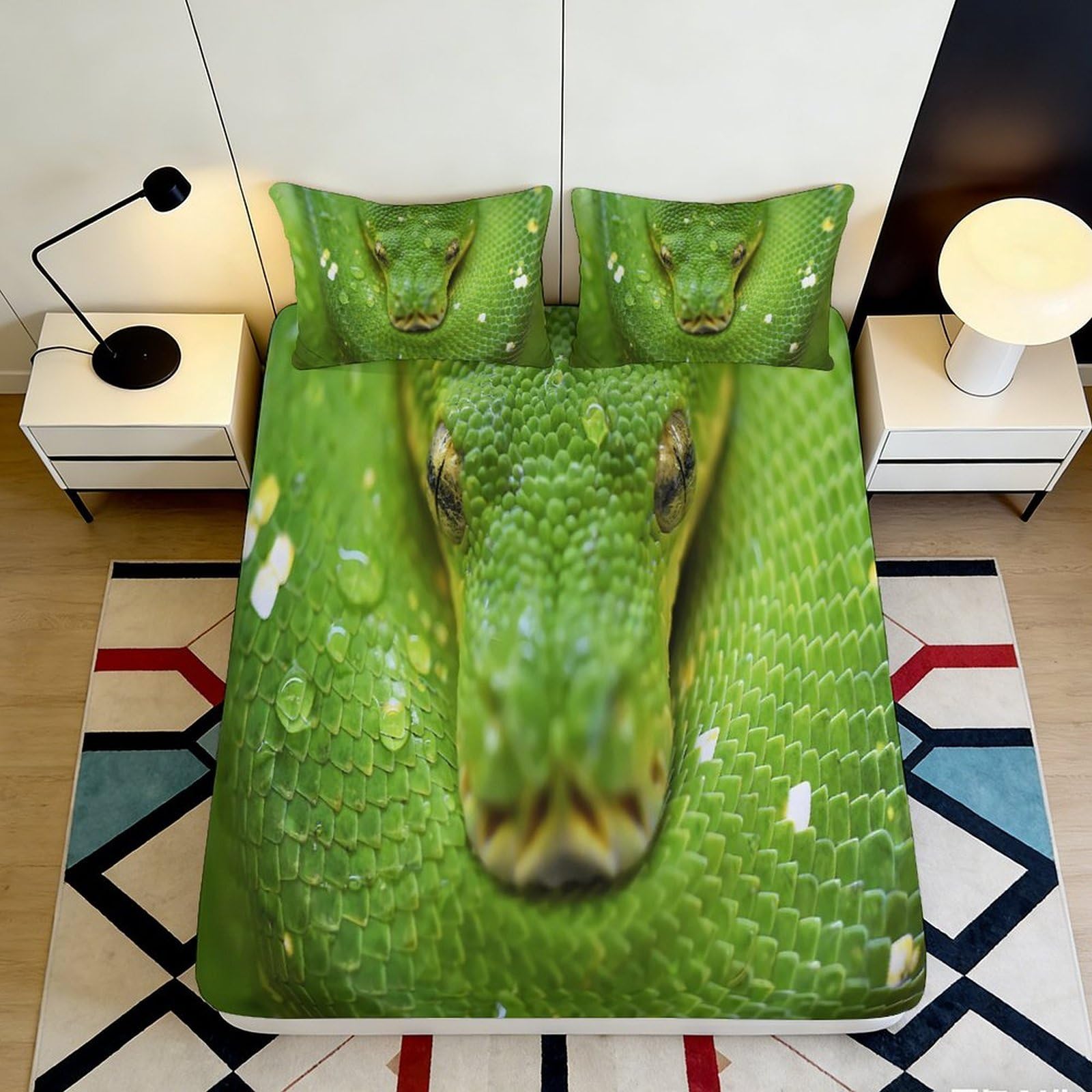 Jqzkxnhpbr Style-4 3D Printed Green Snake Pattern Fitted Sheet Microfiber Soft Reptile Bed Cover Anti-Slip Washable For Bedroom Guestroom Decor 90X200x25cm