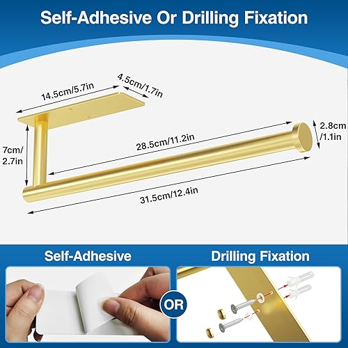Miniatura 5 de Soporte para toallas de papel, autoadhesivo o perforado, dorado, montado en la pared, dispensador de rollos de cocina de acero inoxidable SUS304
