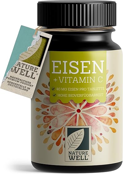 Eisentabletten hochdosiert 180x mit 40 mg Eisen + Vitamin C (40mg) aus Hagebutten - Eisentabletten VEGAN mit bioverfügbarem Eisen, hochdosiert aus Eisenbisglycinat - laborgeprüft mit Zertifikat
