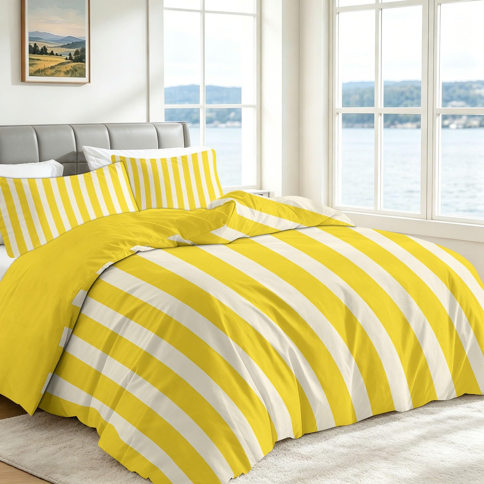 Juego de Ropa de Cama 150x220 cm Rayas Amarillas, Funda Nórdica Cama 90 Reversible Polialgodón Funda Edredon 3 Piezas para Niño Juvenil y Adulto, con Cremallera