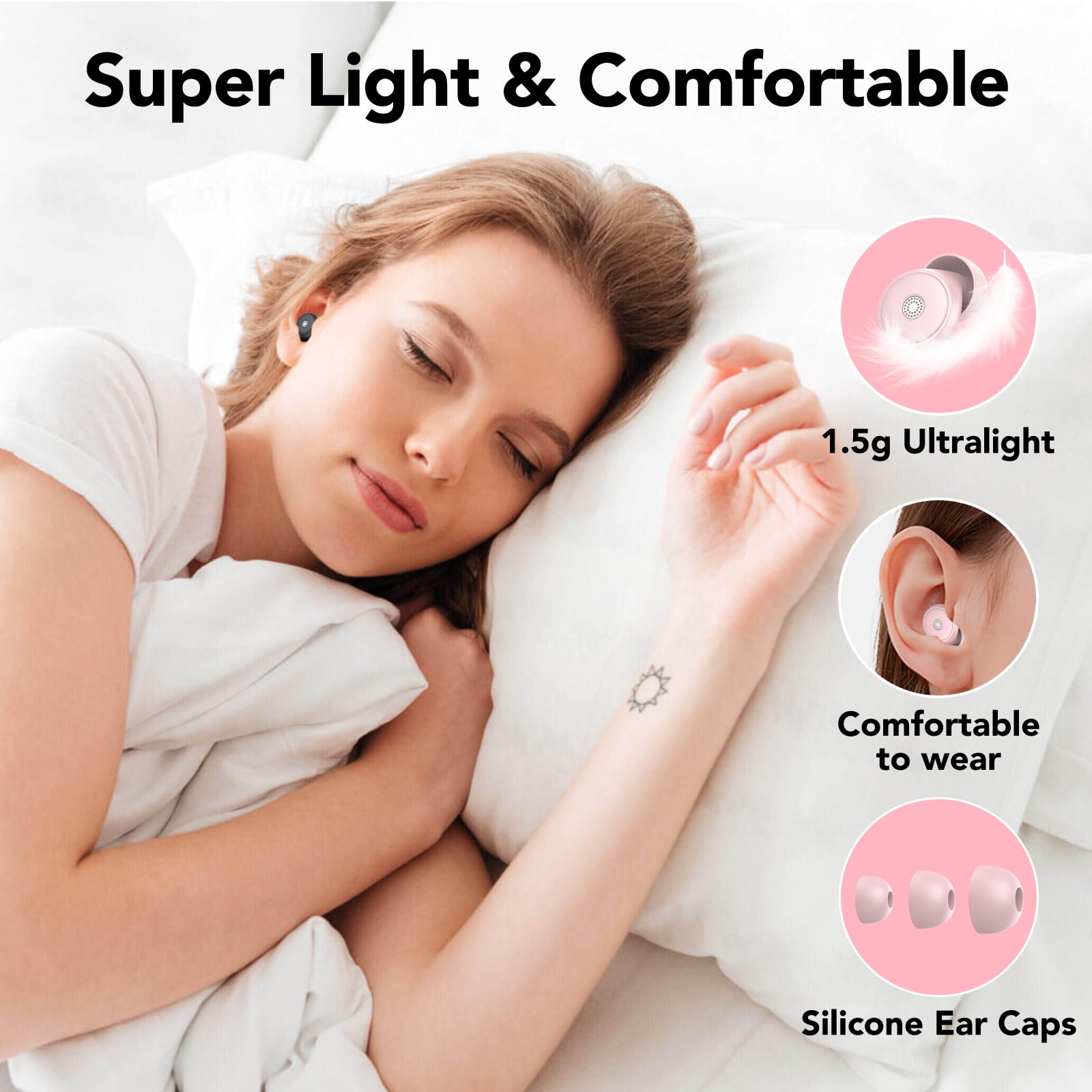 Tapones para los oídos para dormir -45 dB, 0 sensación de presión, silicona reutilizable (rosa)