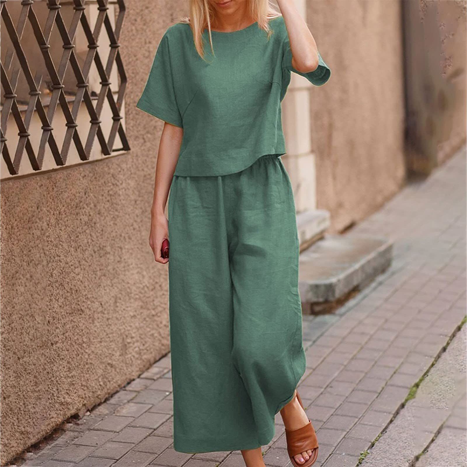 AACH Damen Sommer Zweiteiler Kurzarm Rundhals Oberteil und Hose Hosenanzug Elegant Boho Outfits Leicht Einfarbig Freizeitanzug Lockere Leinenanzug Modische Lounge Set Urlaub 2 Teiler