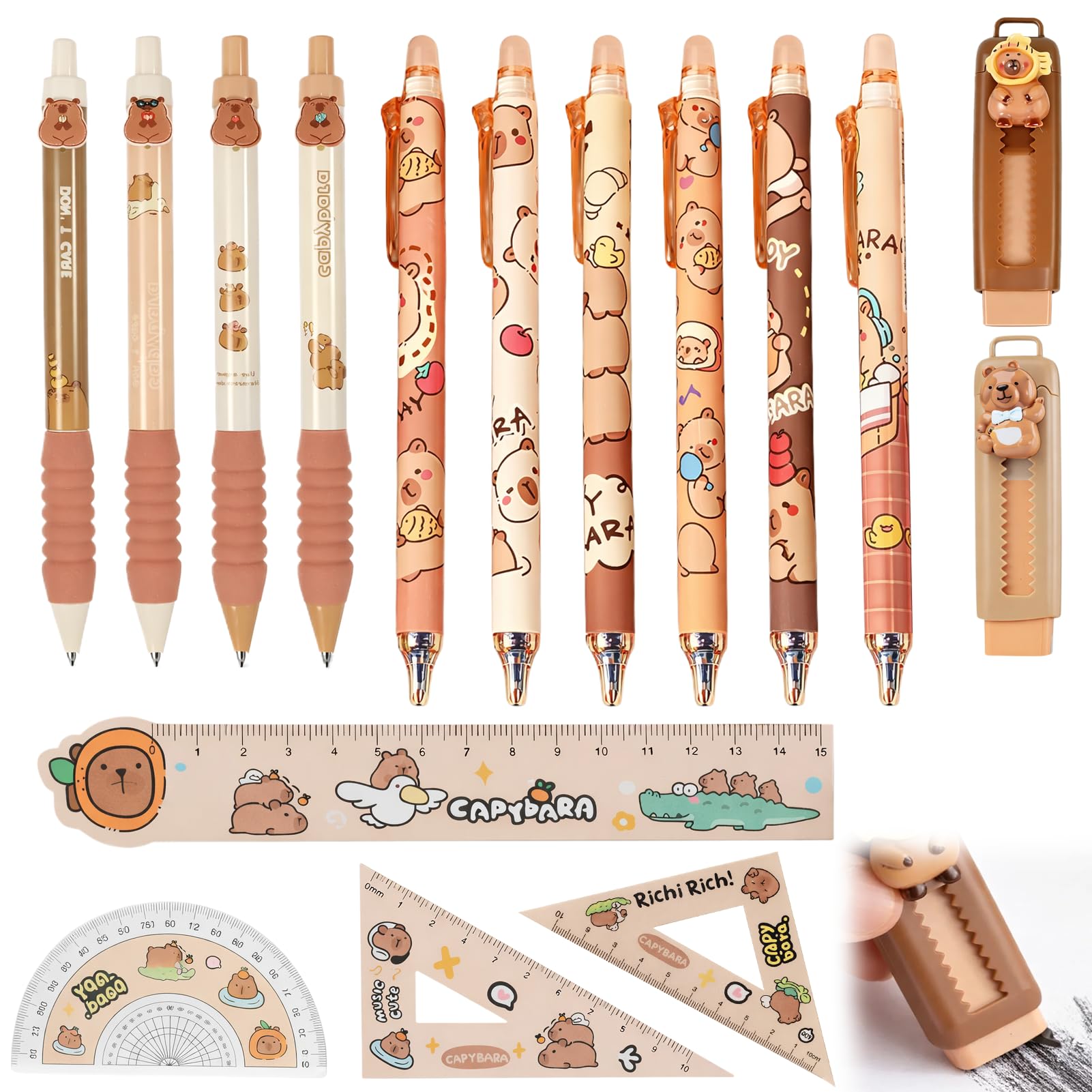 Yupaluz 16Pcs Capybara Stationery Set Cute,Capybara Pens,Eraser And Rulers,Capybara Stationary For School, Office And Note-Taking Girls Boys Kids
