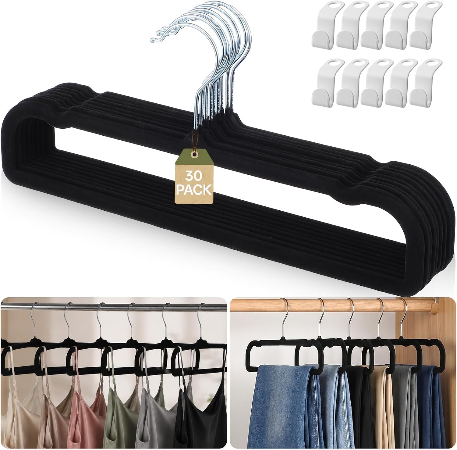 30 Pack Black Velvet Hangers, 13.8 Inch Non Slip Velvet Pants Hangers Space Saving Flocked Clothes Hanger with 360° Rotatable Hook and 30 Pcs Connecting Hooks for Pants, Shirts, Skirt, Coats