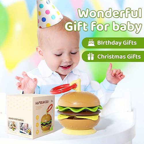 Miniatura 9 de Hamburger - Soporte de juguetes con ventosa para silla alta, cochecito, juguetes de bebé de 6 a 12 meses y niños pequeños, 3 correas evitan que se