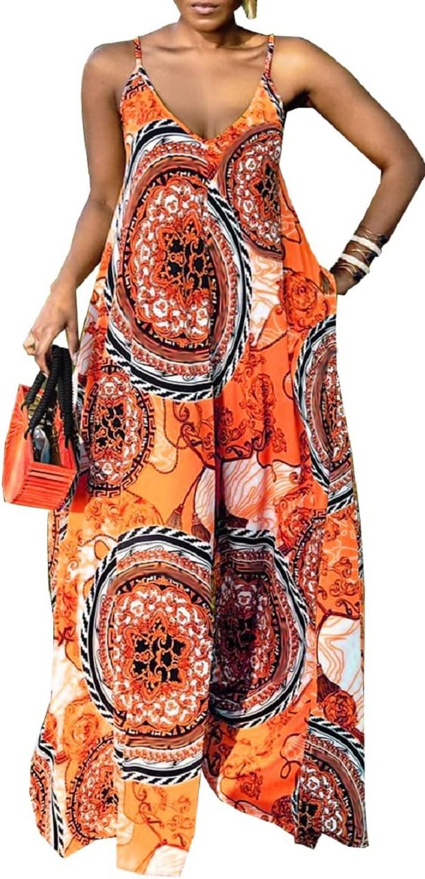 Women's Casual Summer Jumpsuits Sexy Loose Spaghetti Strap Floral Print Jumpsuit Wide Leg Pants Rompers with Pockets