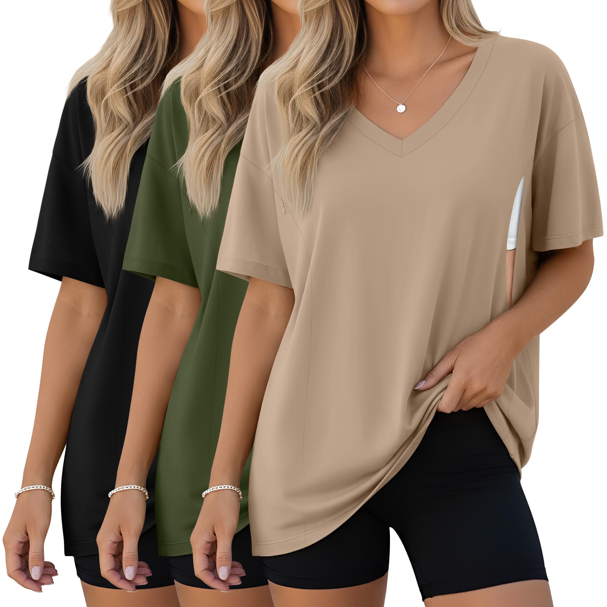 Xuniea Confezione da 3 Camicie da Allattamento Oversize da Donna per L'Allattamento al Seno con Cerniere Nascoste, vestibilità Ampia, Maniche Corte, Top Premaman