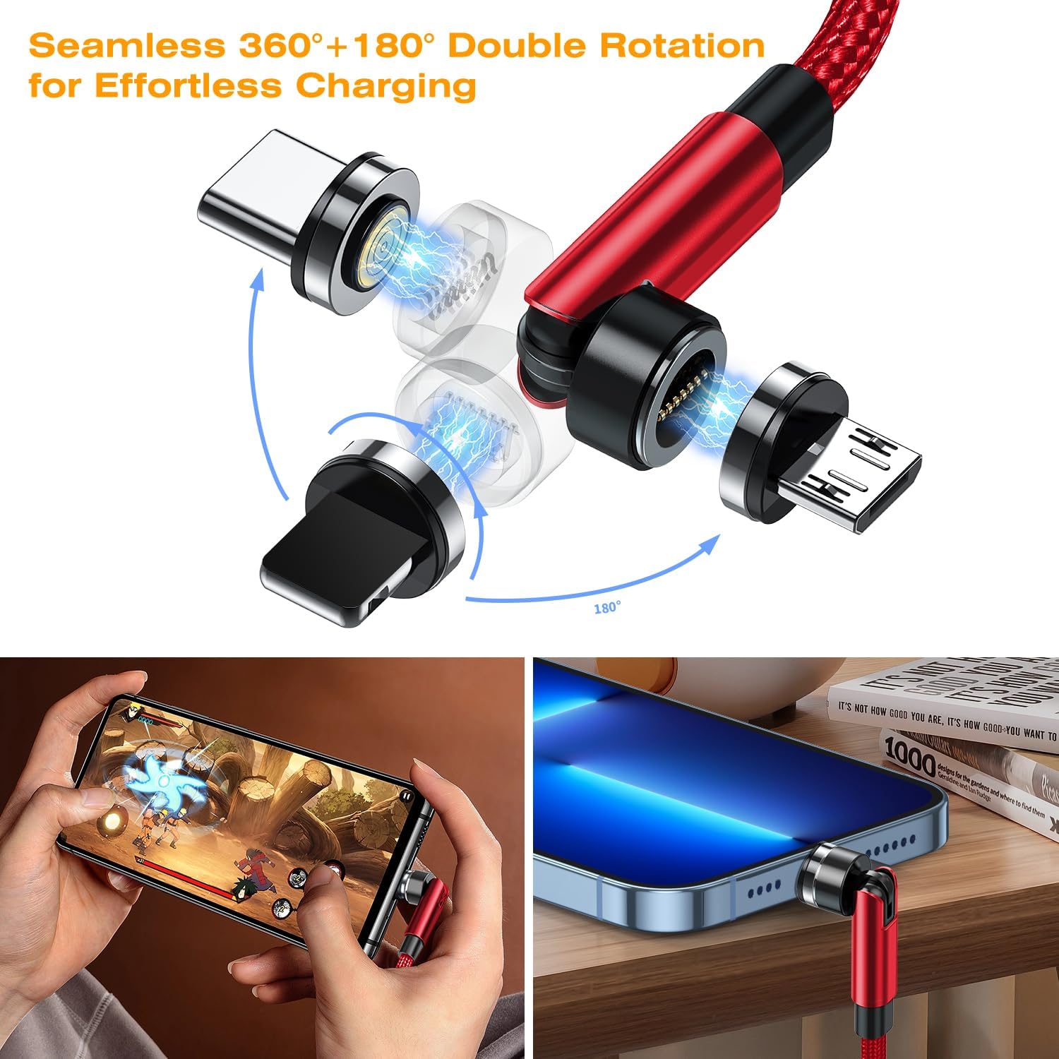 7-Pin Magnetic Charging Cable, 360° Rotating 3 in 1 USB C Magnetic Phone Charger, 3A Fast Charging with Data Transfer for Android/i-Product/Micro/CarPlay-Red image 2
