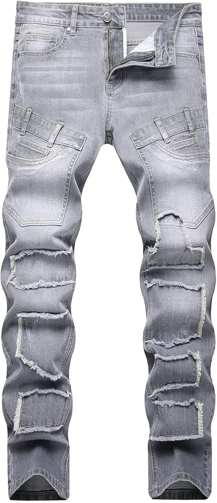 Men Elastic Patch Slim Fit Denim Pants Y2K Mid Waist Casual Skinny
