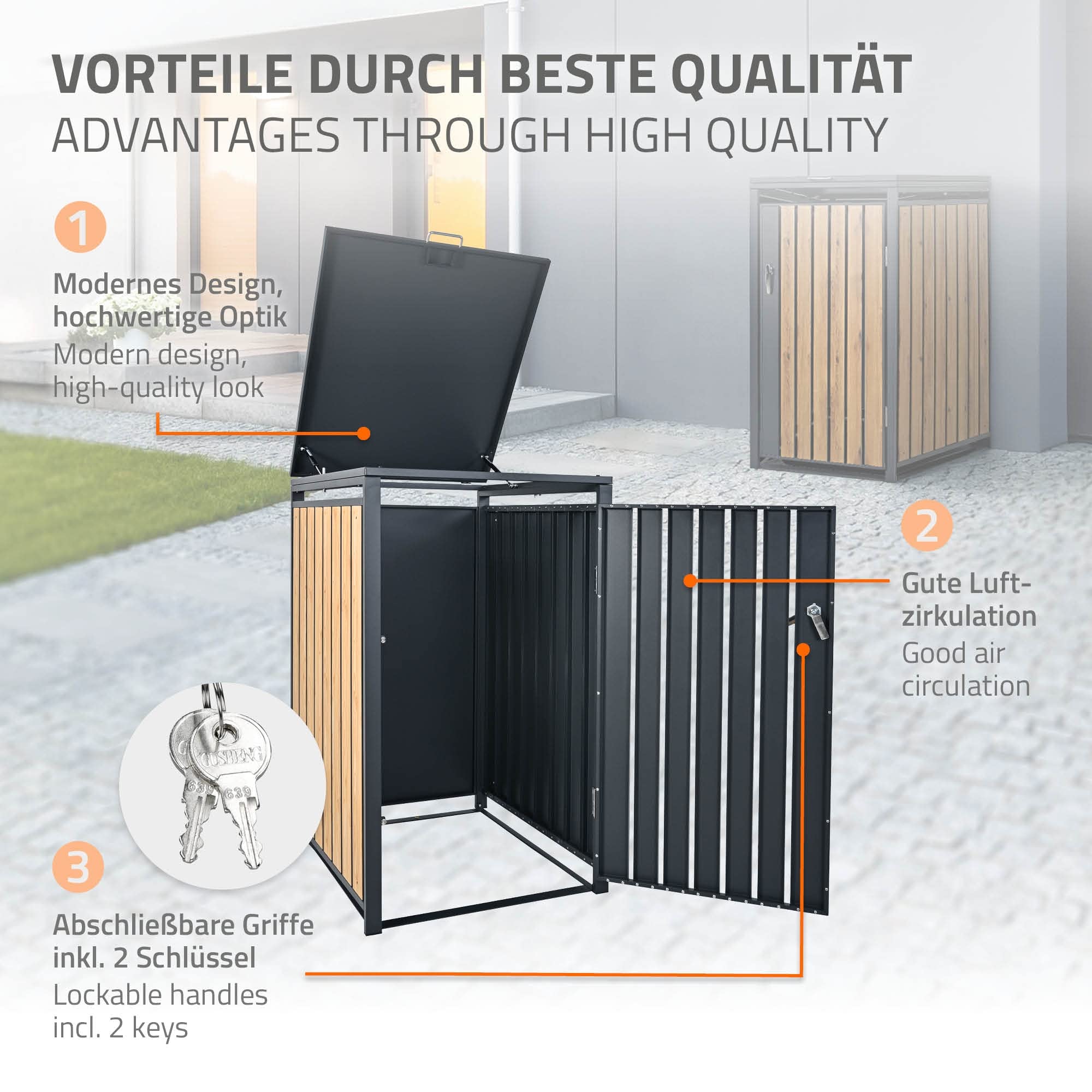 ML-Design Cobertizo para Ocultar Cubo de Basura 240L Antracita Aspecto Madera Alerce 68 x 80 x 116,3 cm Caseta de Acero para Jardín Exterior Contenedor Resistente Caja con Tapa Abatible y Cerradura