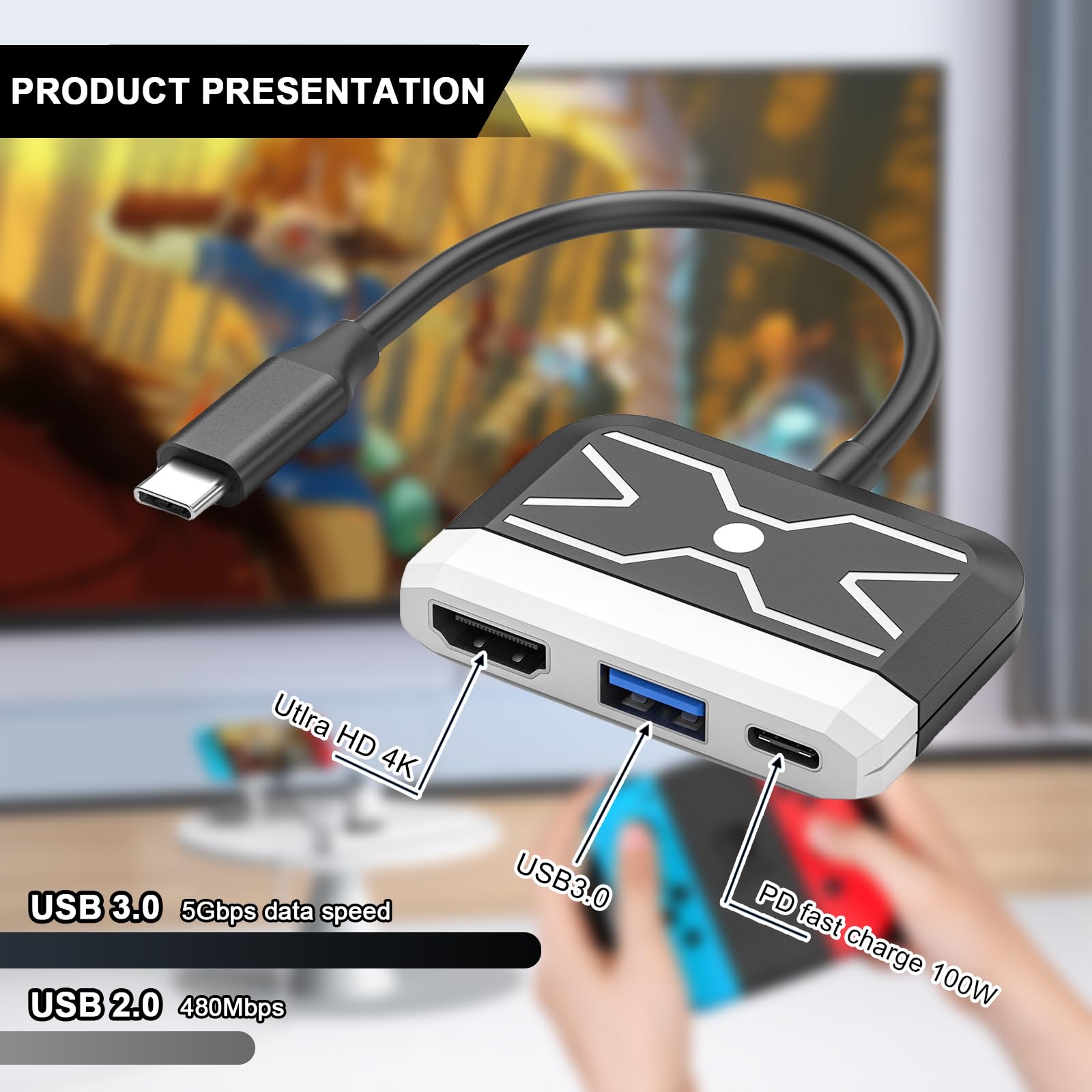 Station d'accueil Switch pour Nintendo Switch OLED, station d'accueil portable, adaptateur TV 3 en 1 avec HDMI 4K, port USB 3.0, charge de type C 100 W PD compatible avec Nintendo Switch/Switch OLED