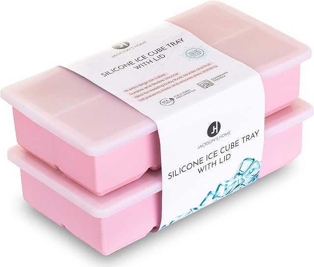 Jacksons Home Ice Cube Trays with Lids, Pink, Large Set of 2 Silicone Moulds, Easy to Remove - Large Square Ice Cube Moulds for Gin, Whiskey, Cocktails and Baby Food