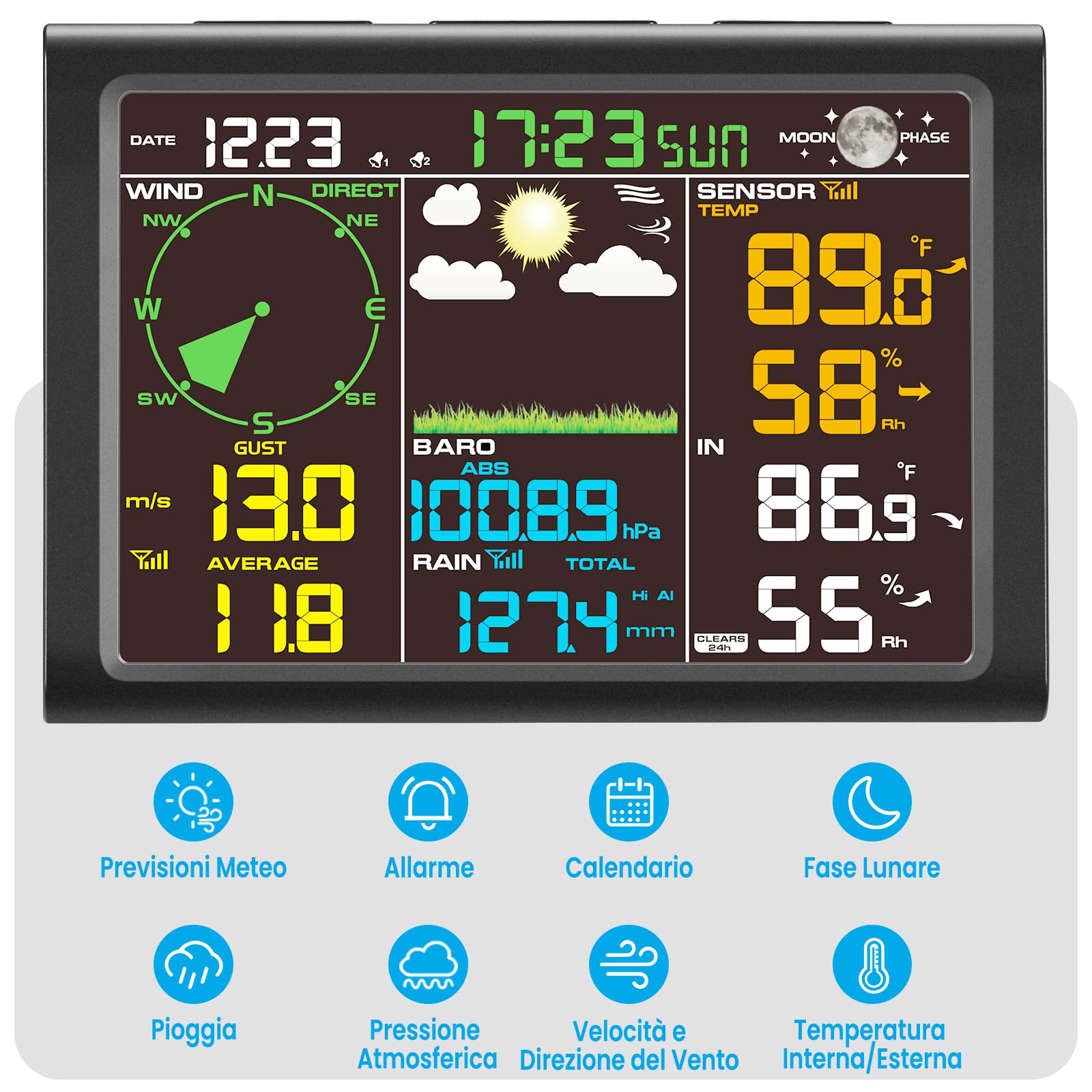Sainlogic Professionale Stazione Meteorologica, 8-in-1 Stazione Meteo con Sensore Esterno, Termometro, Pluviometro da Giardino, Igrometro, Anemometro, Previsioni del Tempo per Fattorie (Senza WiFi)
