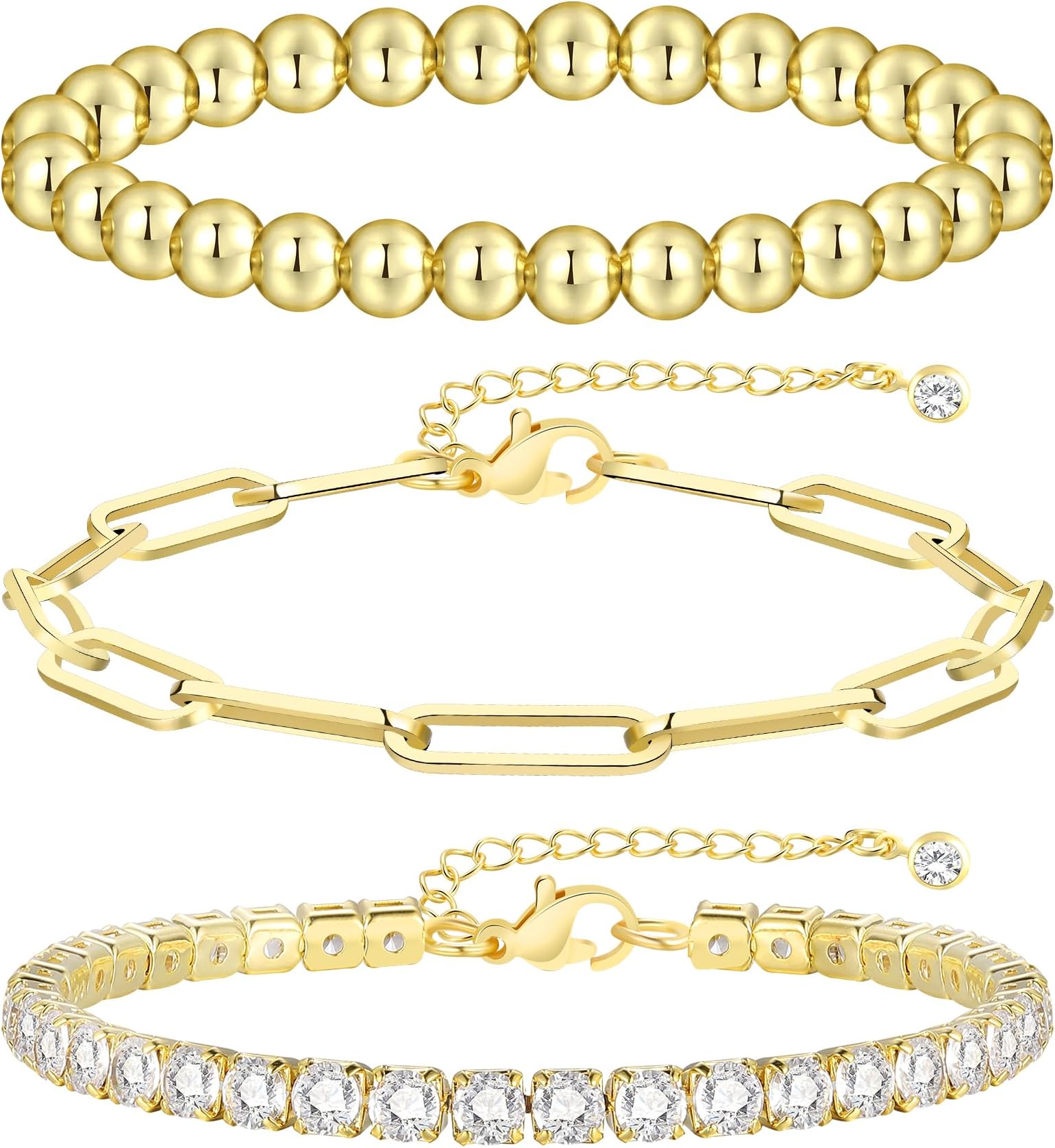 Gold Bracelets for Women, 14k Gold Plated Hand Chain Bracelet, 2 Pcs Ring Bracelets for Women Trendy Dainty Cubic Zirconia Bracelet Ring Bracelet Hand Jewelry Adjustable 6.3'+2'