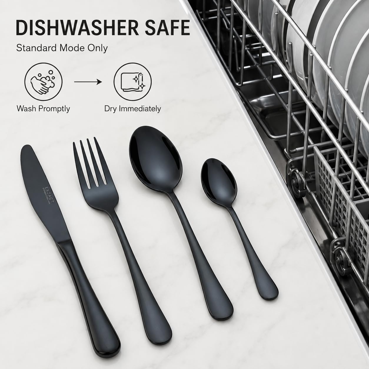 Exzact De Acero Inoxidable Cubiertos Cuchillería 16 PCS Set Cuchillería De 4 X Cena Tenedors, 4 X Cuchillos, 4 X Cucharas Cena, 4 X Cucharaditas - Servicio Para 4 (Negro De Oro) （WF944 Premium 18/10）