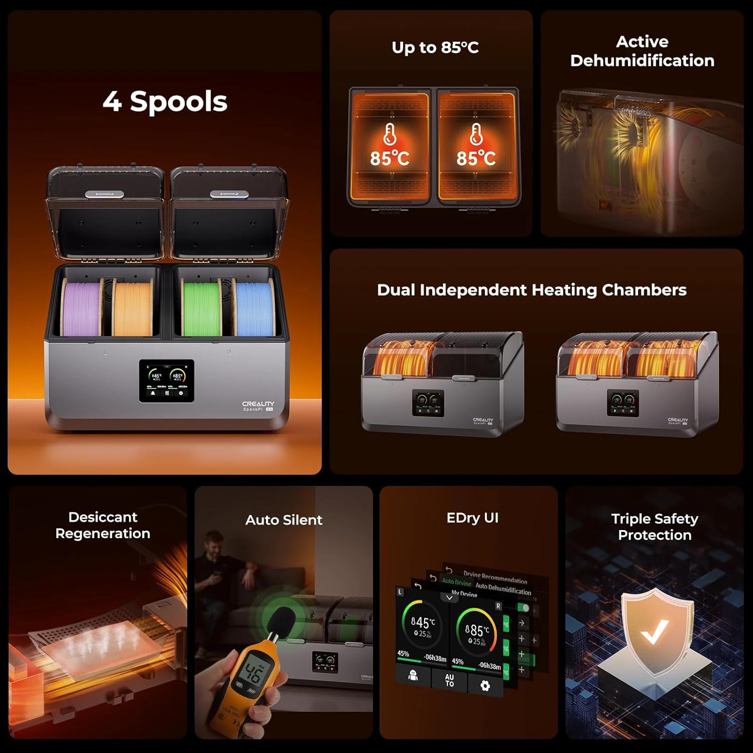 Creality Upgraded Filament Dryer 4 Spools, Space Pi X4 Filament Storage Box, Dual Independent Heating Chambers, Up to 85℃,Compatible with PLA PETG ABS,TPU,PC,PA,PAHT