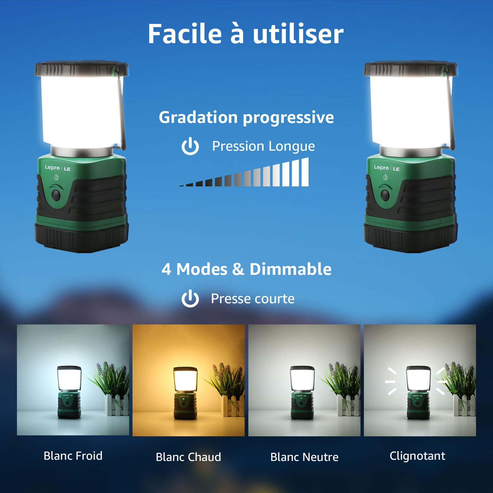 Lepro Lanterne Camping LED Rechargeable, Lampe Camping Puissante 1000Lm Dimmable, Lampe Torche 360° Eclairage 4 Modes, Etanche Portable Suspendue, pour Camping, Bricolage, Secours, Garage, Cave, etc.