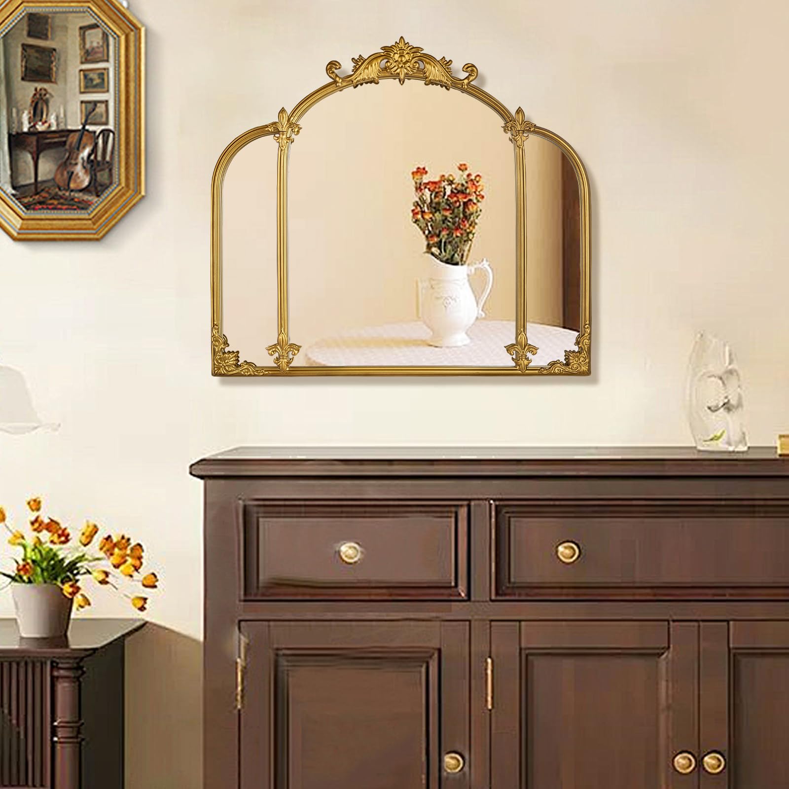 Espejo de Pared de Arco Dorado de 24 x 22 Pulgadas, Estilo Barroco con Marco de Metal, tocador, Dormitorio, baño, Entrada