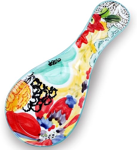 Colorido soporte de cuchara grande pintado a mano para encimera de cocina, estufa, apto para lavavajillas, multicolor (paquete de 1)