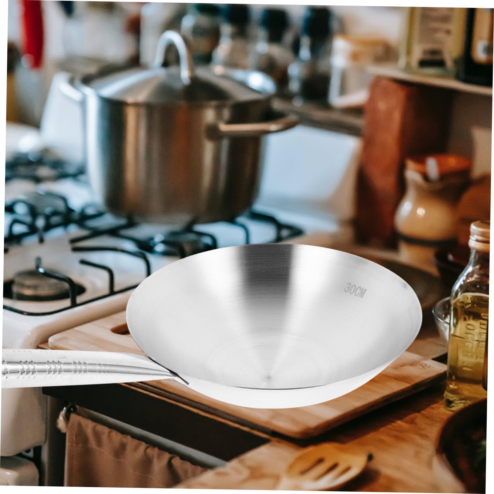 Wok in Acciaio Inossidabile Argento, Fondo Tondo, per Fornelli a Gas
