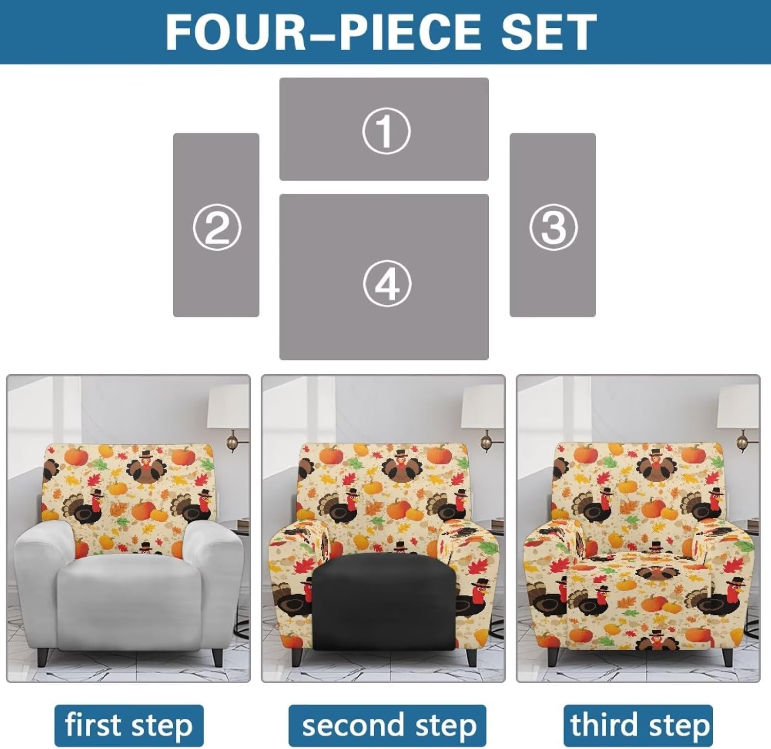 FOR U DESIGNS Turkey Pumpkin Leaves Chair Cover for Recliner with Storage Pockets 4-Piece Stretch Slipcover Washable Furniture Protector for Living Room Sofas Thanksgiving Decorations