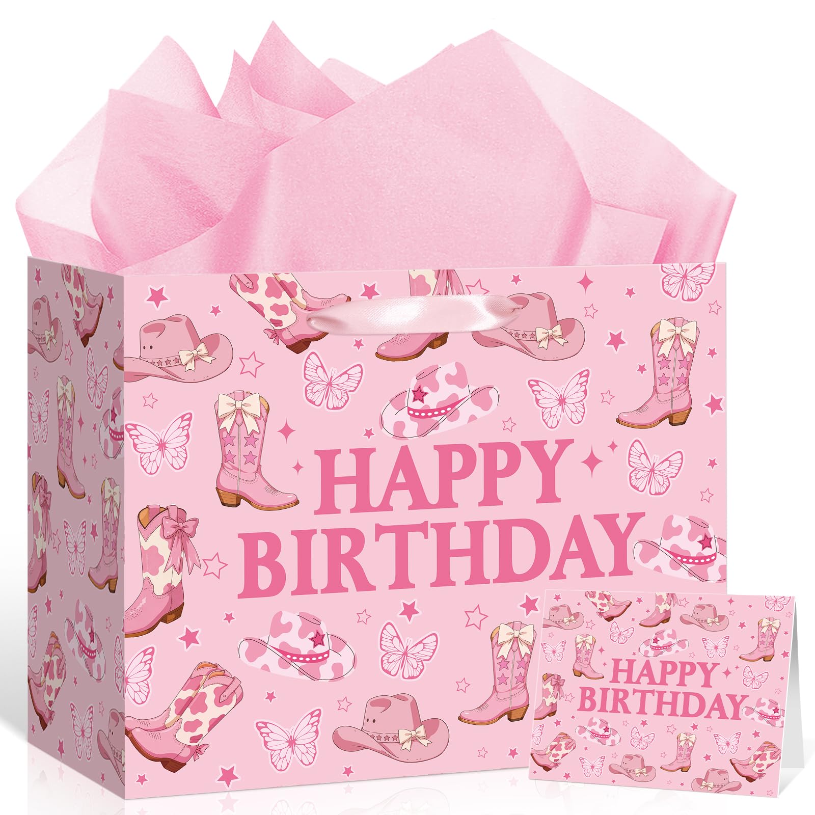 TagreSpike Cowgirl Birthday Gift Bag, Western Bow Happy Birthday Wrapping Bag with Tissue Paper and Card Coquette Bow Boots Treat Bags for Girls Rodeo Birthday Party Supplies - Pink Cow Print Boots
