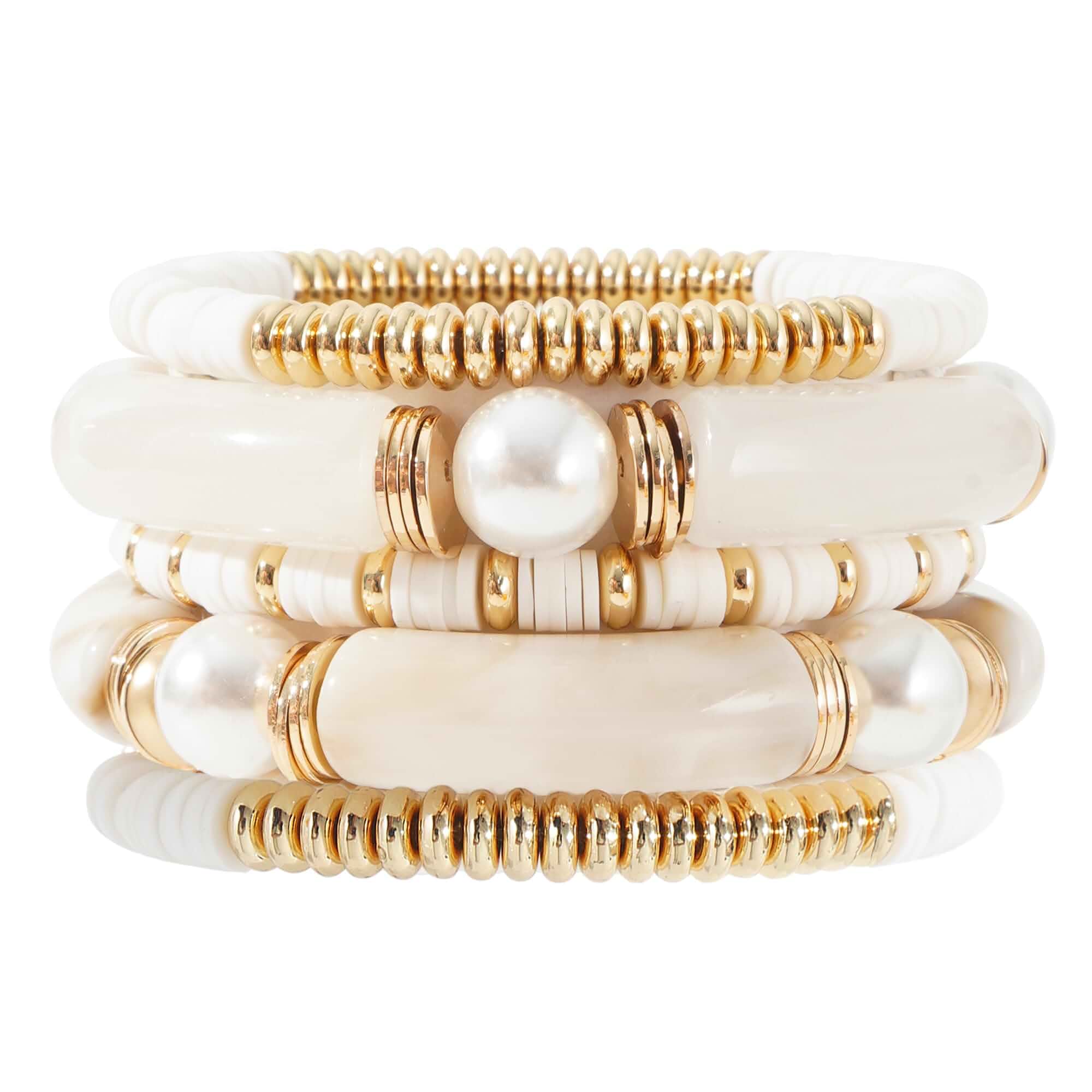 GOOJIDS Simple Beaded Gold Plated Bangles Bracelet Chunky Bamboo Tube Curved Stacking Clear Acrylic Colorful Beads Stretchable Gold Plated Bracelets Set For Women Adult