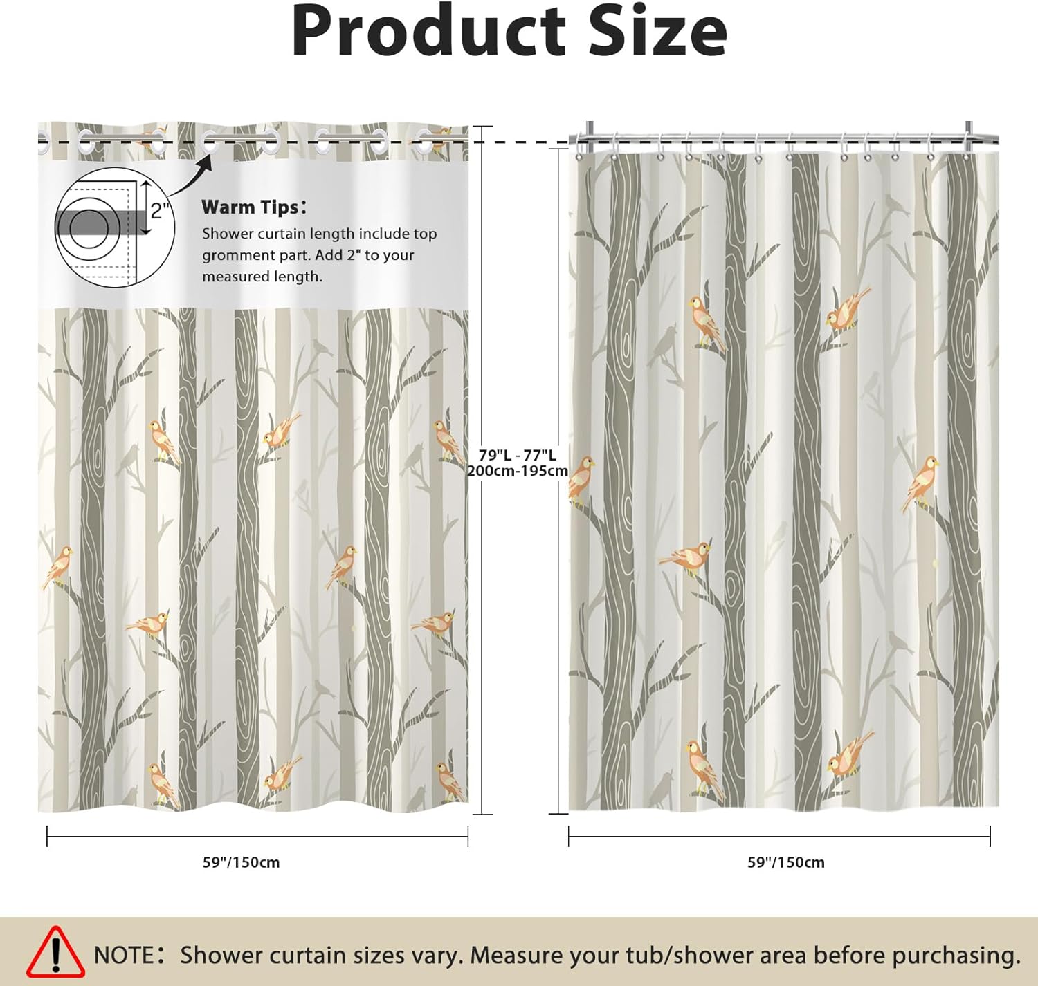 No Hook Shower Curtain with Snap in Liner, Yellow Bird Tree Fabric Shower Curtain Set for Bathroom, Hotel-Quality, See Through Top Window Design, 59" W x 79" L