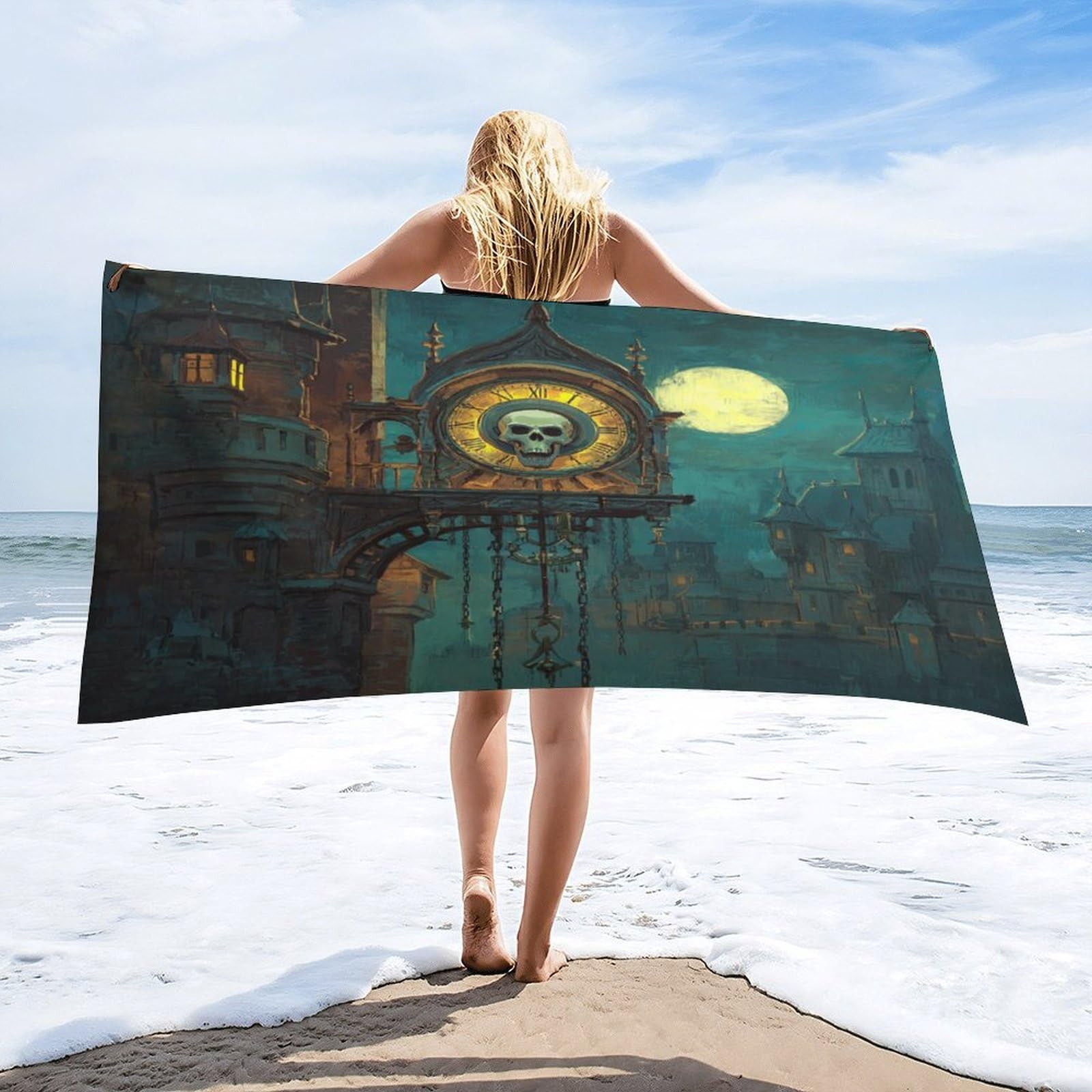 Luyysky Vintage Rustic Skull Clock Quick-Drying Beach Towel, Mid Century Retro Full Moon Gothic Castle Skeleton Skull Travel Vacation Single Sided Pile Bathroom Towels-80 W Cm X 160" L Cm