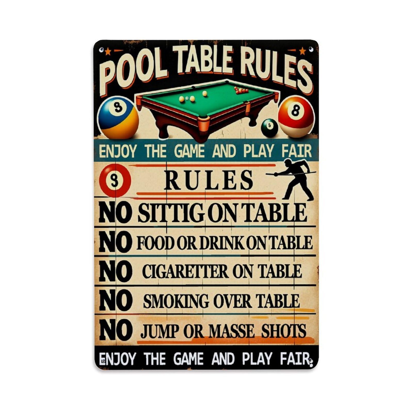Enderetf Vintage Pool Table Rules Sign_1 Tin Sign Metal Poster, Home Bar Garage Man Cave Cafe Indoor & Outdoor Wall Decoration 8X12inches