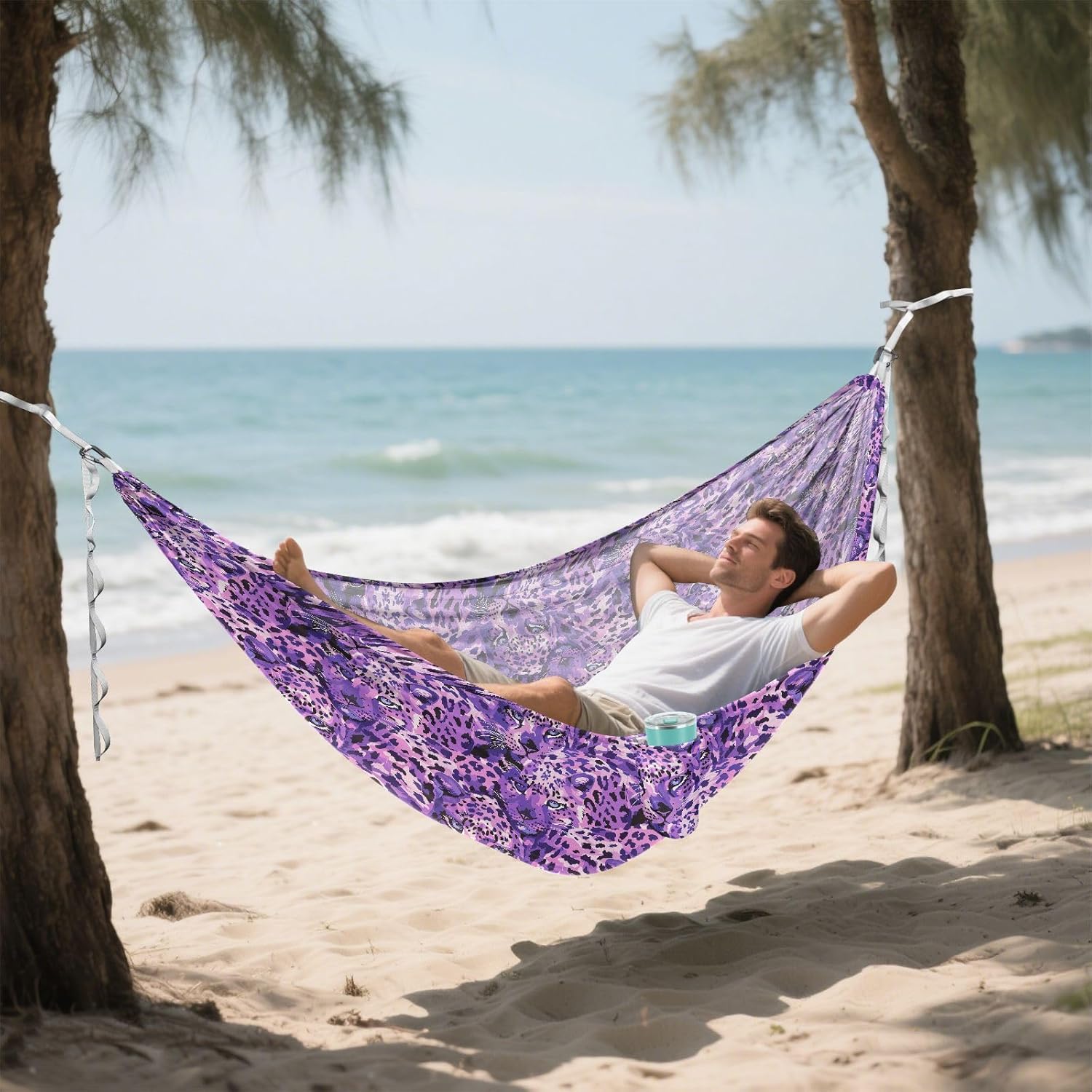 ALAZA Purple Leopard Print Camping Hammocks Single or 2 Person 500 lbs Portable Parachute Travel Hammock w/Tree Straps for Hiking Backpacking Indoor Outdoor