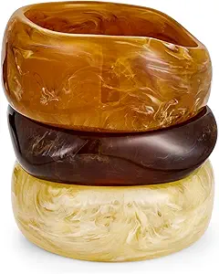 WOWORAMA 3pcs Colorful Resin Acrylic Bangle Bracelets Set for Women Wide Chunky Acrylic Bracelets Stackable Geometric Acetate Resin Bangles Stack Plastic Statement Bracelet