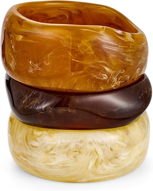 WOWORAMA 3pcs Colorful Resin Acrylic Bangle Bracelets Set for Women Wide Chunky Acrylic Bracelets Stackable Geometric Acetate Resin Bangles Stack Plastic Statement Bracelet