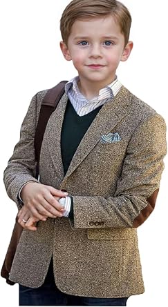 VENNYNG Boys Tweed Blazer Jacket with Elbow Patches Kids Short Trench Coat Vintage Coat