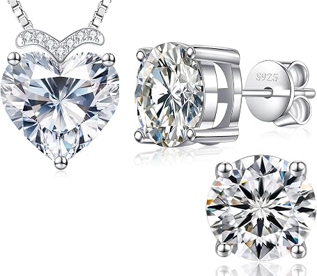 Moissanite Heart Necklace and Stud Earrings Set, 925 Sterling Silver Fine Jewelry, Ideal Birthday Anniversary Christmas Gift for Women Wife Mom Girlfriend