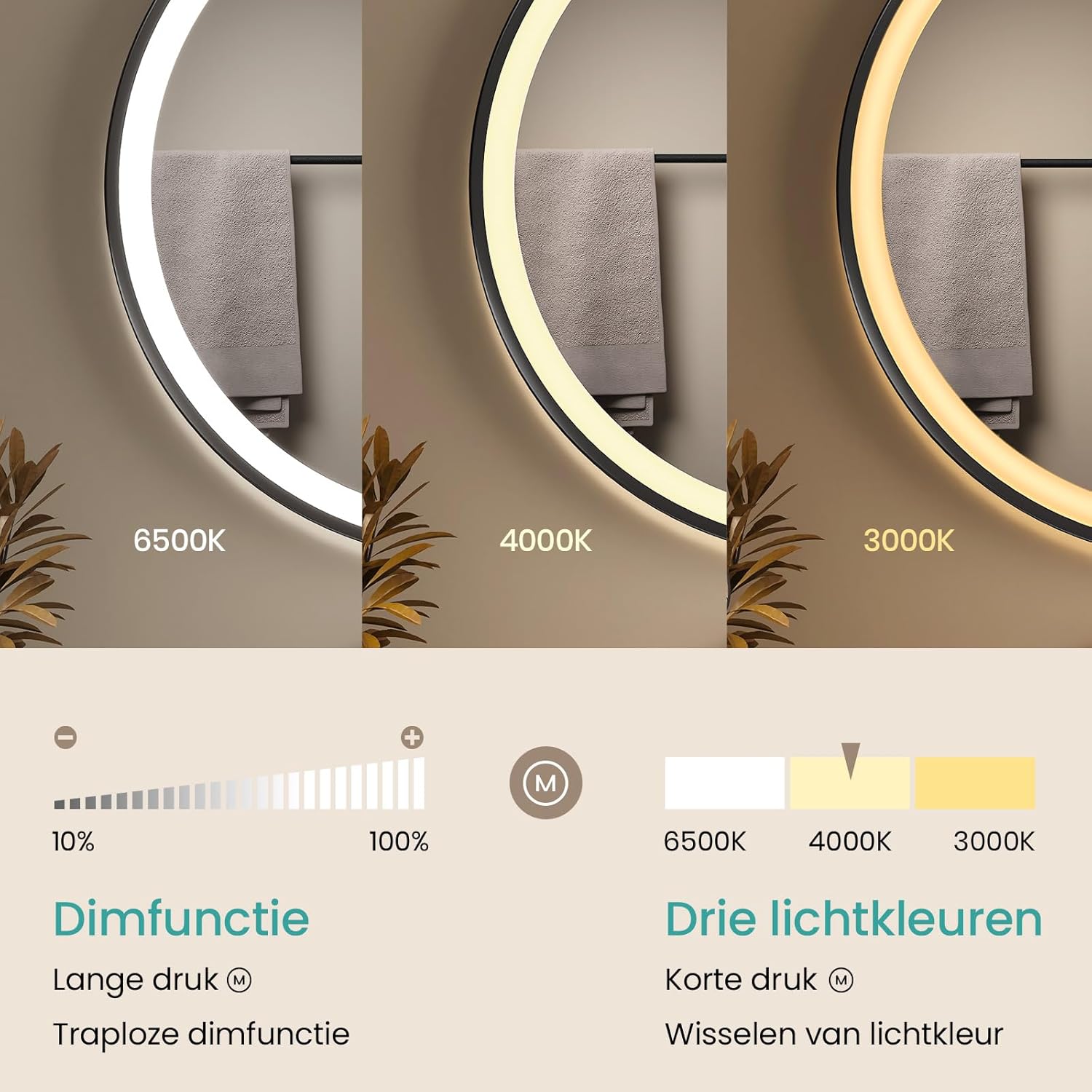 EMKE mirror showing dimming function from 10% to 100% and three light color options: 6500K, 4000K, 3000K