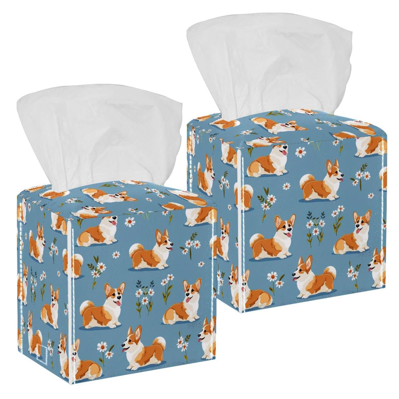 Corgi Dog Flower Tissue Box Cover, 2 Pack PU Leather Square Facial Tissue Dispenser Box holder for Home Office Car
