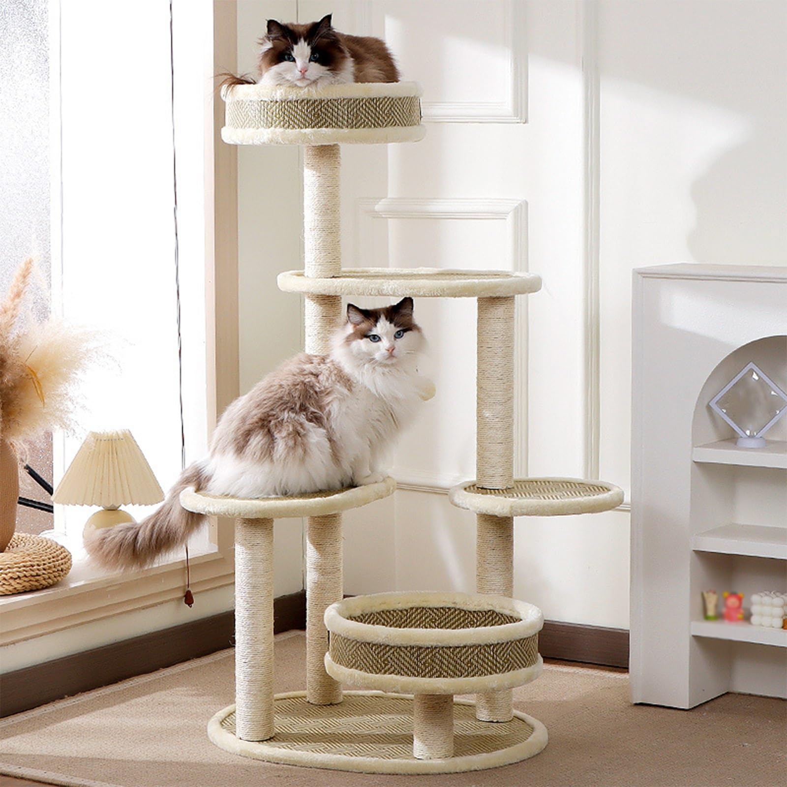 Torre Moderna Tiragraffi Gatto a Più Livelli con Tiragraffi in Sisal Bianco, Cucce per Gatti, Trespolo Superiore, Palline Penzolanti e Piattaforme per Saltare