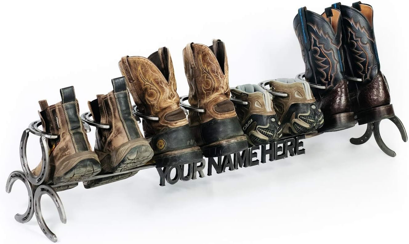 Rustic Custom Name Horseshoe Boot Rack - The Heritage Forge - Image 5