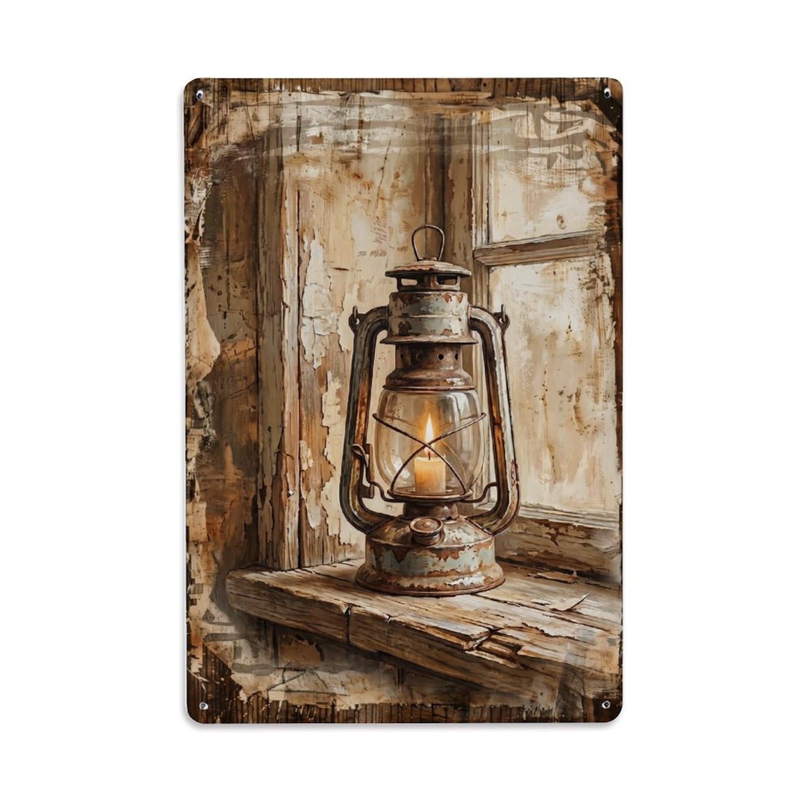 Lantern Windowsill Farmhouse Decor Vintage Metal Tin Sign Plaque Wall Decor for Cafe, Club, Garden Metal Poster 8x12Inch